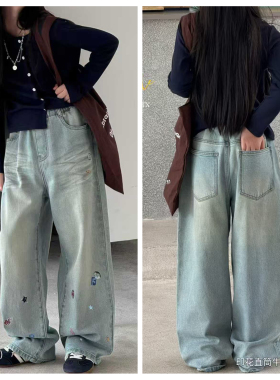 小智同学2025秋新款男童女童印花牛仔裤百搭韩版中大童儿童潮9851