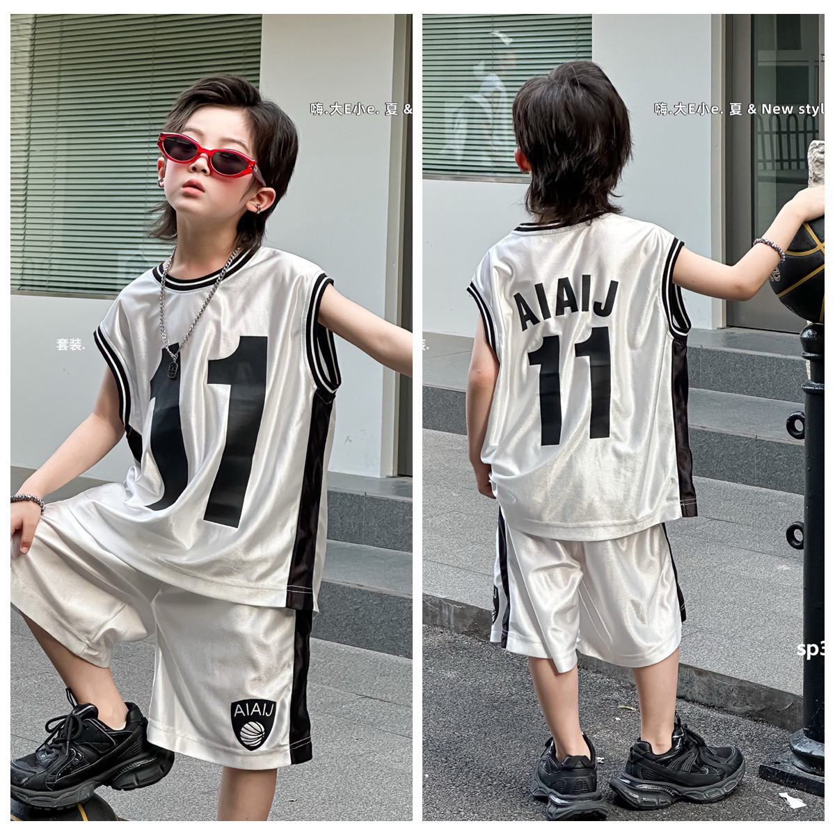 大e小e夏新款男童女童速干短袖短裤套装运动篮球服中大童韩版3966