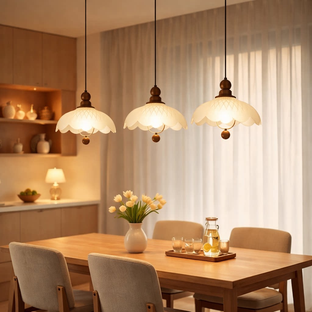 法式中古风花瓣餐厅吊灯三头长盘吧台复古胡桃木色玻璃床头小吊灯