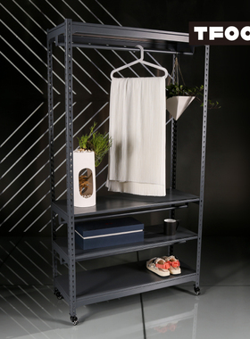 太孚TFOO 带挂衣杆可移动小货架 带轮子灰色陈列架 四层金属架子