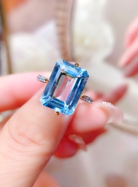新款天然瑞士蓝托帕石戒指长方形活口纯银戒指简约大气生日礼物
