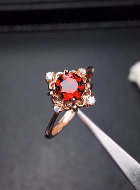 红色纯银莫桑比克石榴石女戒包邮