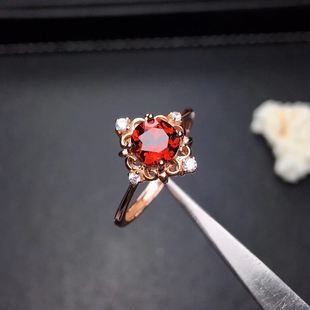 纯天然红色宝石戒指925纯银红宝石镀18K金莫桑比克石榴石女戒包邮