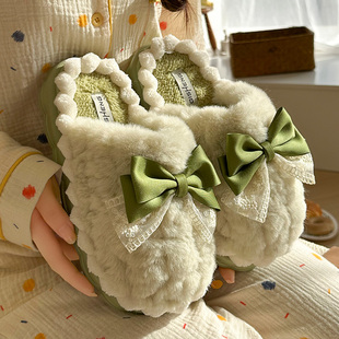 室内静音厚底加绒加厚保暖棉拖女 2025新款 居家蝴蝶结棉拖鞋 女冬季