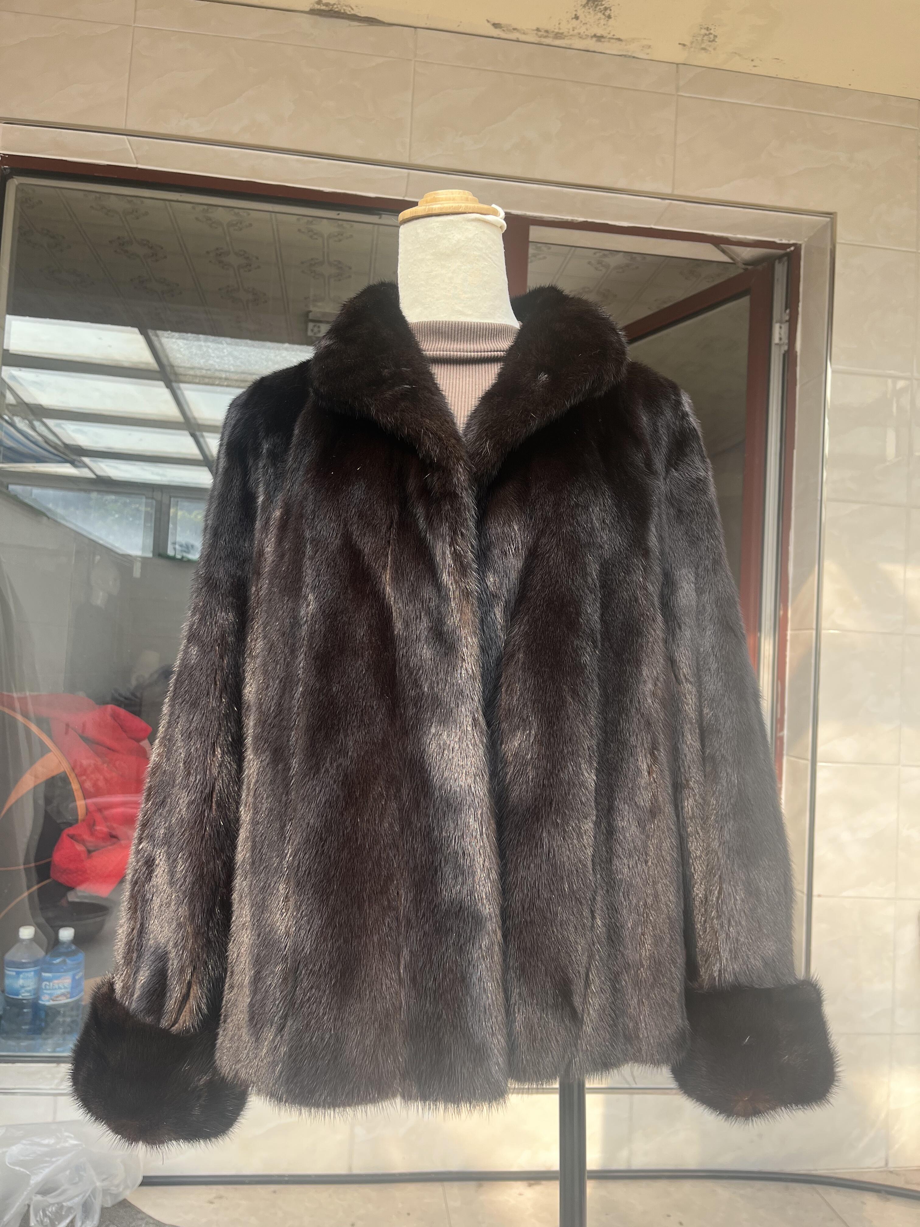 vintage进口中古貂皮皮草大衣女款本黑色挽袖设计款皮软绒厚OS