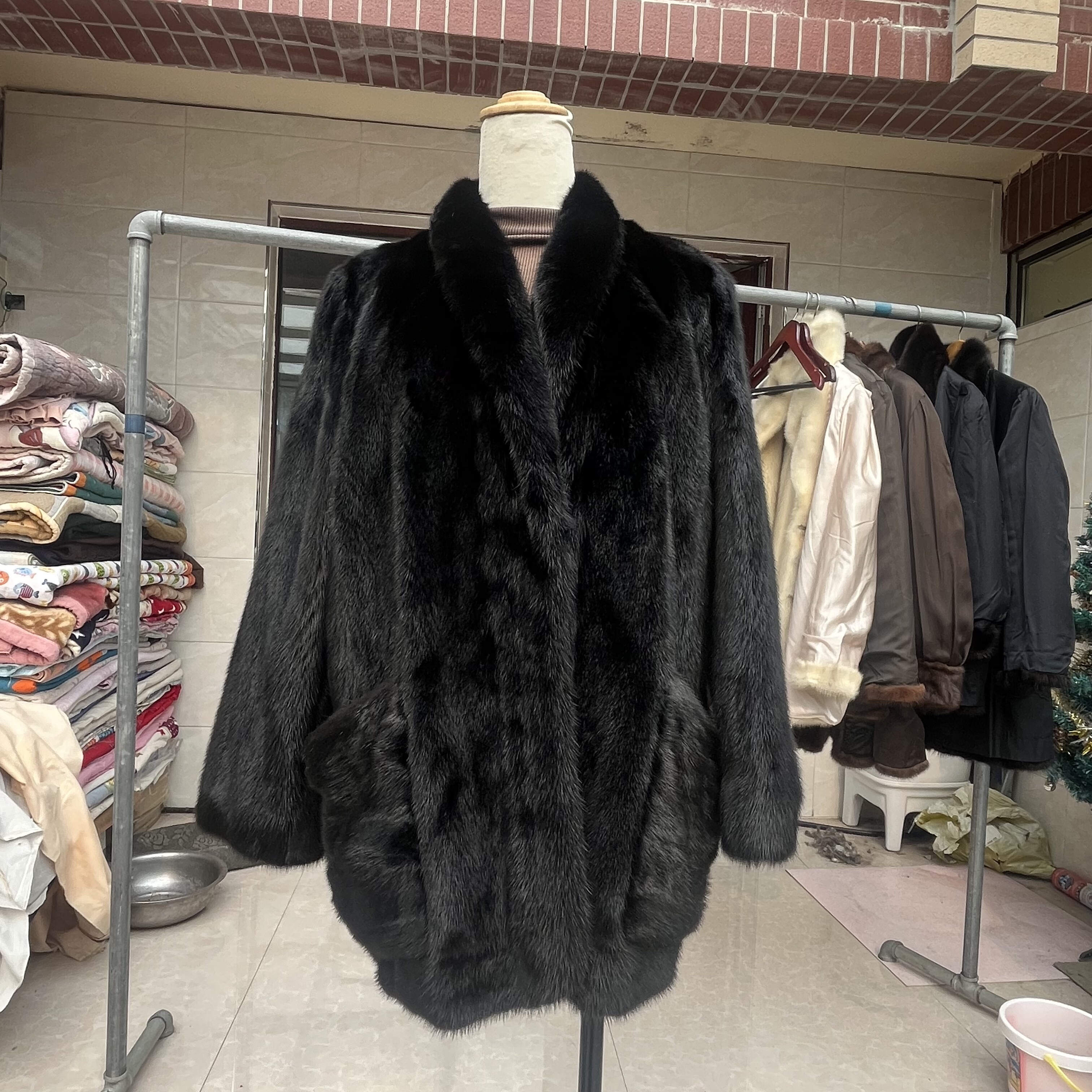 vintage进口貂皮大衣女中长款整貂中古皮草黑色立领明兜开放里衬