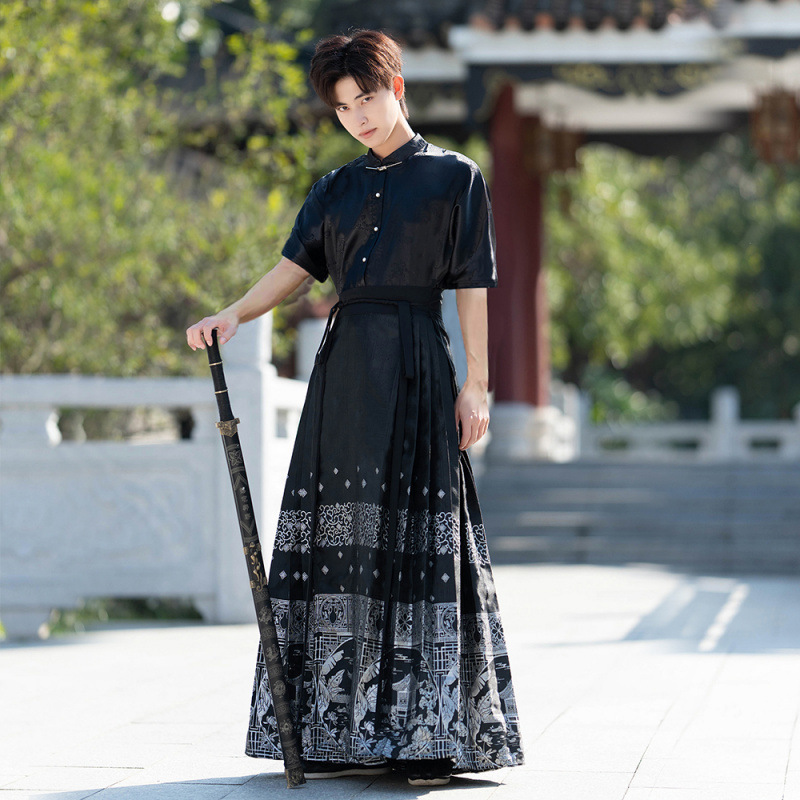 实拍新款汉服男款织金马面裙夏季