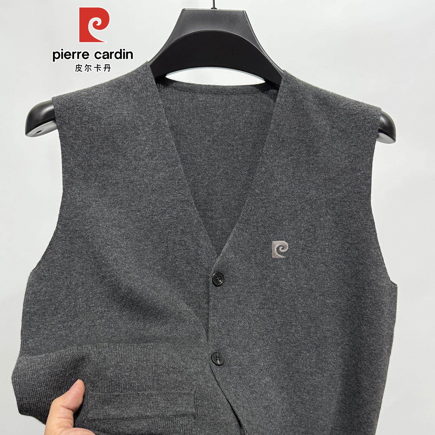 皮尔卡丹羊毛开衫口袋背心男中年毛衣V领马甲厚款针织衫羊绒坎肩