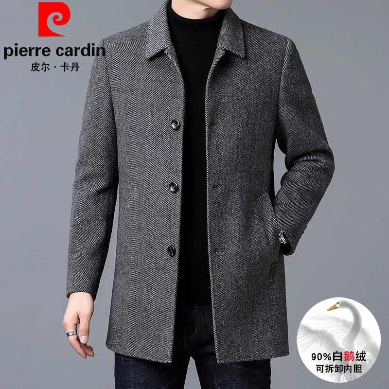 皮尔卡丹双面呢大衣男中长款商务休闲羊毛呢羽绒外套加厚羊绒风衣