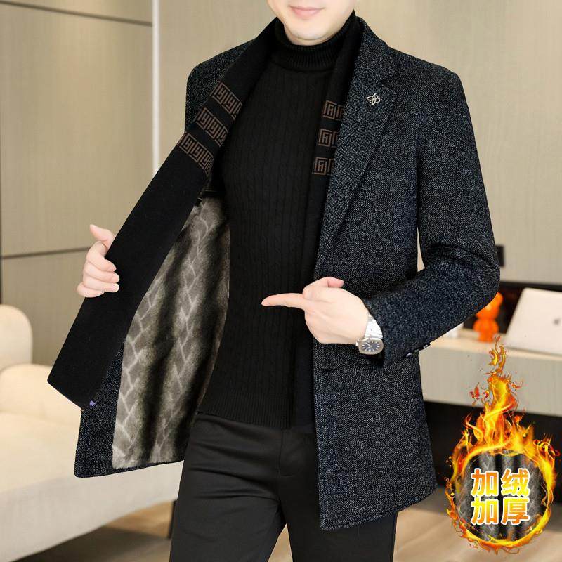 皮尔卡丹中长款呢子大衣男加绒加厚冬季高级感西装领风衣外套保暖