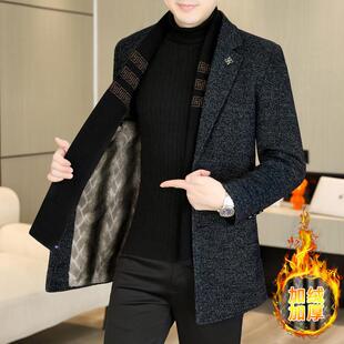 皮尔卡丹中长款呢子大衣男加绒加厚冬季高级感西装领风衣外套保暖