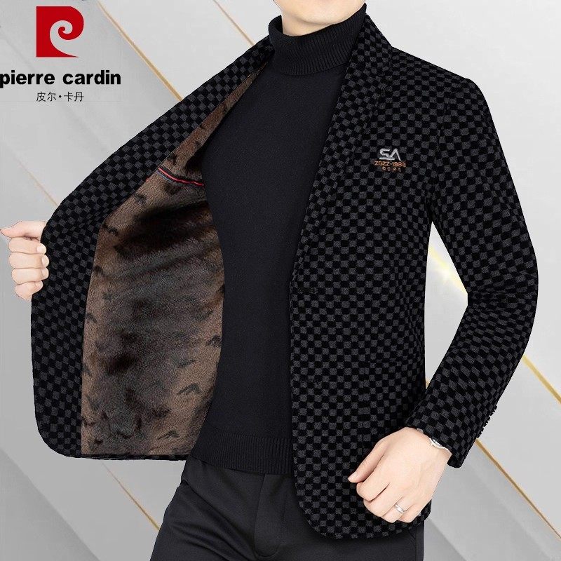 皮尔卡丹春秋冬新款加绒中年毛呢男士西服休闲商务西装外套爸爸装
