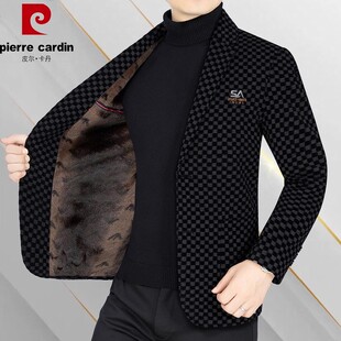 皮尔卡丹春秋冬新款加绒中年毛呢男士西服休闲商务西装外套爸爸装