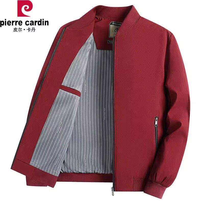 皮尔卡丹爸爸外套婚宴装男春秋季中年本命年夹克红色中老年人衣服