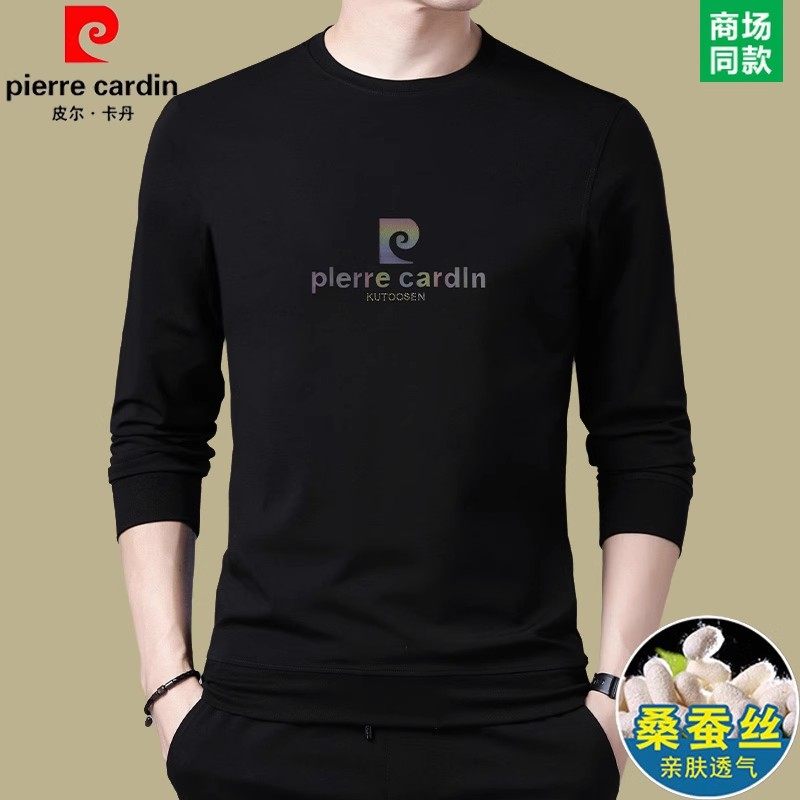 皮尔卡丹桑蚕丝长袖T恤男士春秋新款圆领薄款卫衣体恤高端打底衫