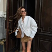 ins风25秋冬毛呢外套名媛风粗毛呢小香风短款 上衣麂皮短裙女