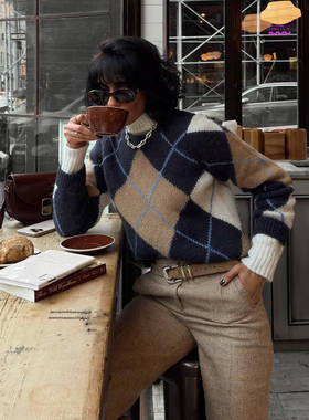 Veneti.a博主同款菱形格圆领毛衣复古英伦风内搭麂皮绒初冬小外套