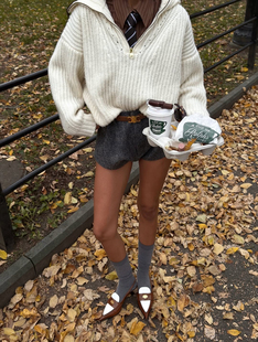 ins风秋冬新款白色高领毛衣慵懒风针织上衣复古羊毛短裤natasha