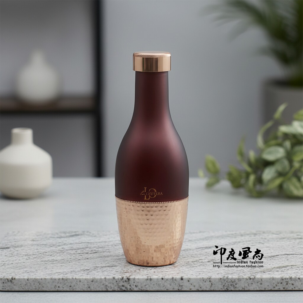 印度进口 纯铜紫铜水瓶水杯户外旅行瑜伽随身冷水瓶 礼盒装送礼