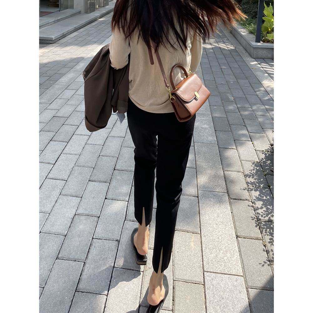 韩国黑色西装裤女春秋夏薄直筒九分裤显瘦烟管裤休闲后开叉小脚裤