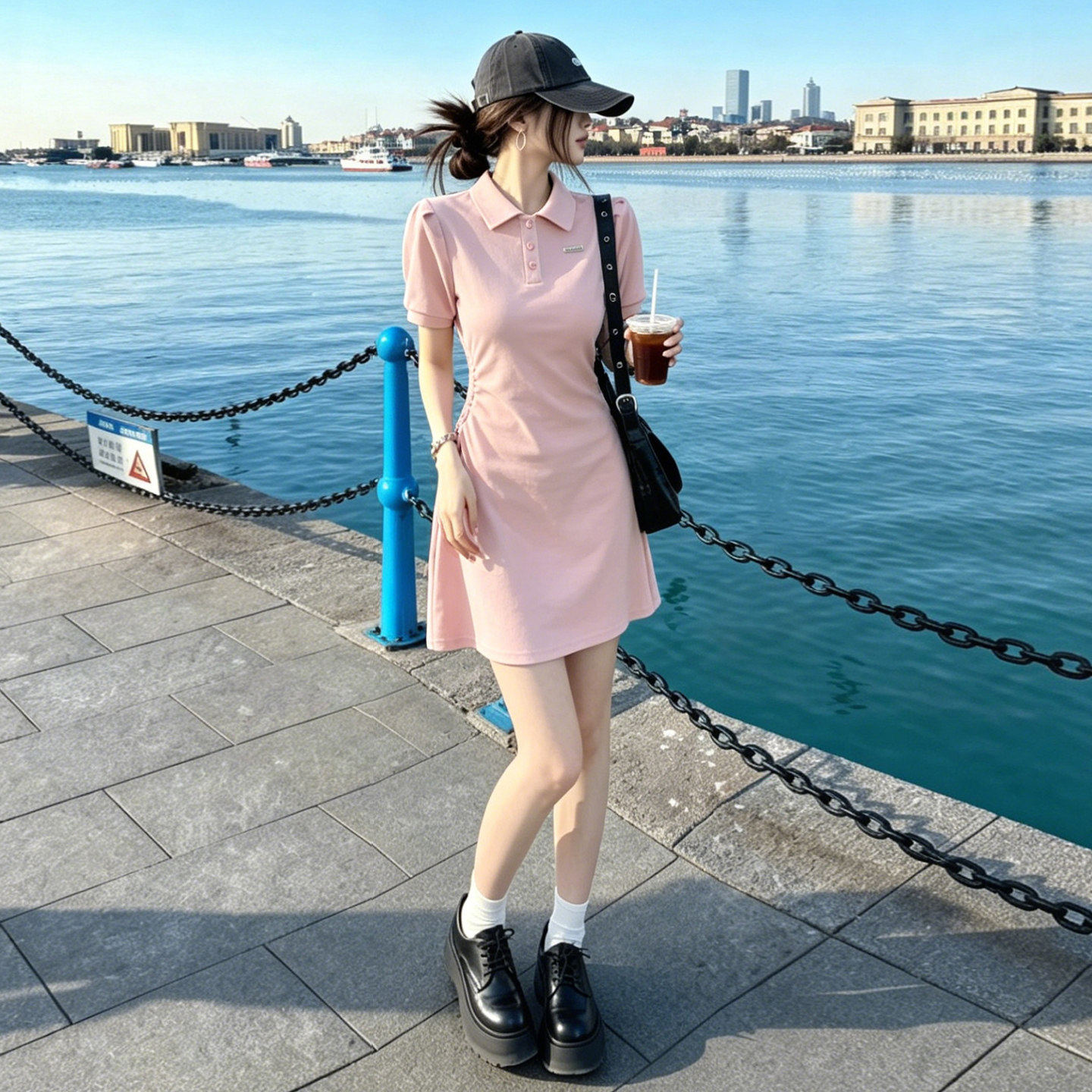 超火少女樱花粉POLO领休闲时尚洋装女收腰显瘦小个子T恤裙洋派