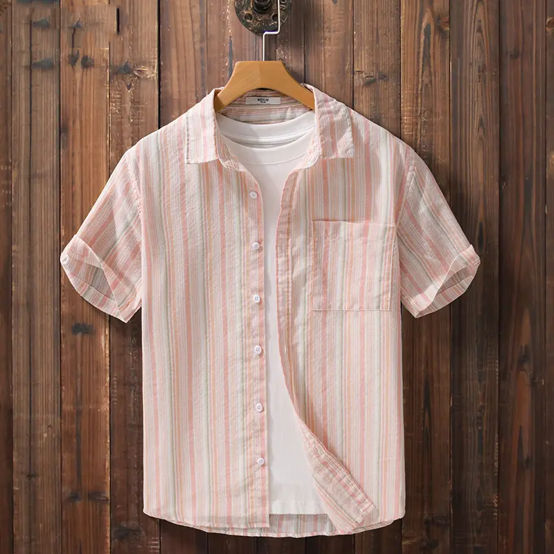 设计感条纹衬衫男夏季复古vintage大码休闲宽松美式潮流短袖衬衣