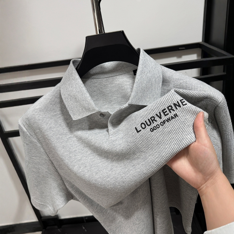 男士夏季华夫格短袖衬衫舒适美式复古刺绣设计感宽松百搭POLO衫潮