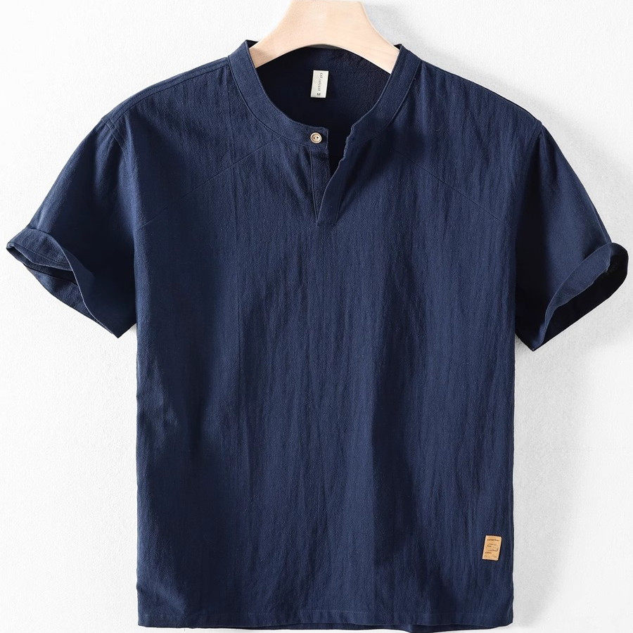 韩系藏青色衬衫男士文艺立领短袖薄款透气休闲青年百搭衬衣外套潮