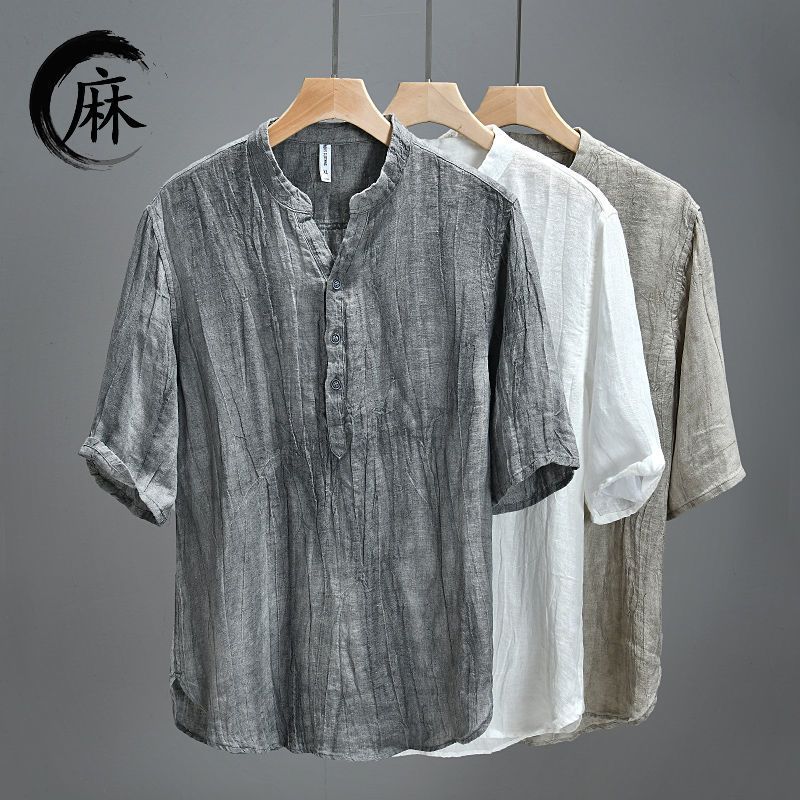 中式复古设计感V领亚麻衬衫男士短袖夏季薄款宽松纯色棉麻衬衣男