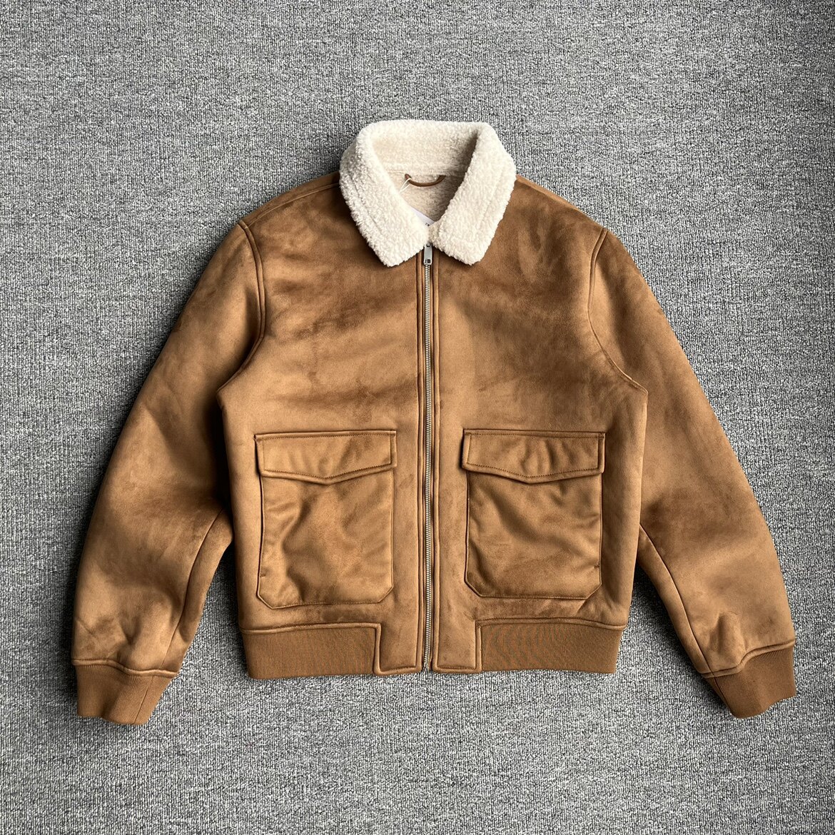 法国单冬季仿羊羔绒毛领男士棉衣麂皮绒加厚夹克羊羔绒外套