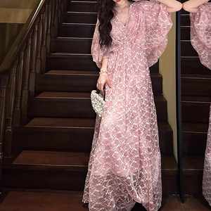 做货中【月如银】扎染蕾丝提花神女裙2026春季新款显瘦长袖连衣裙