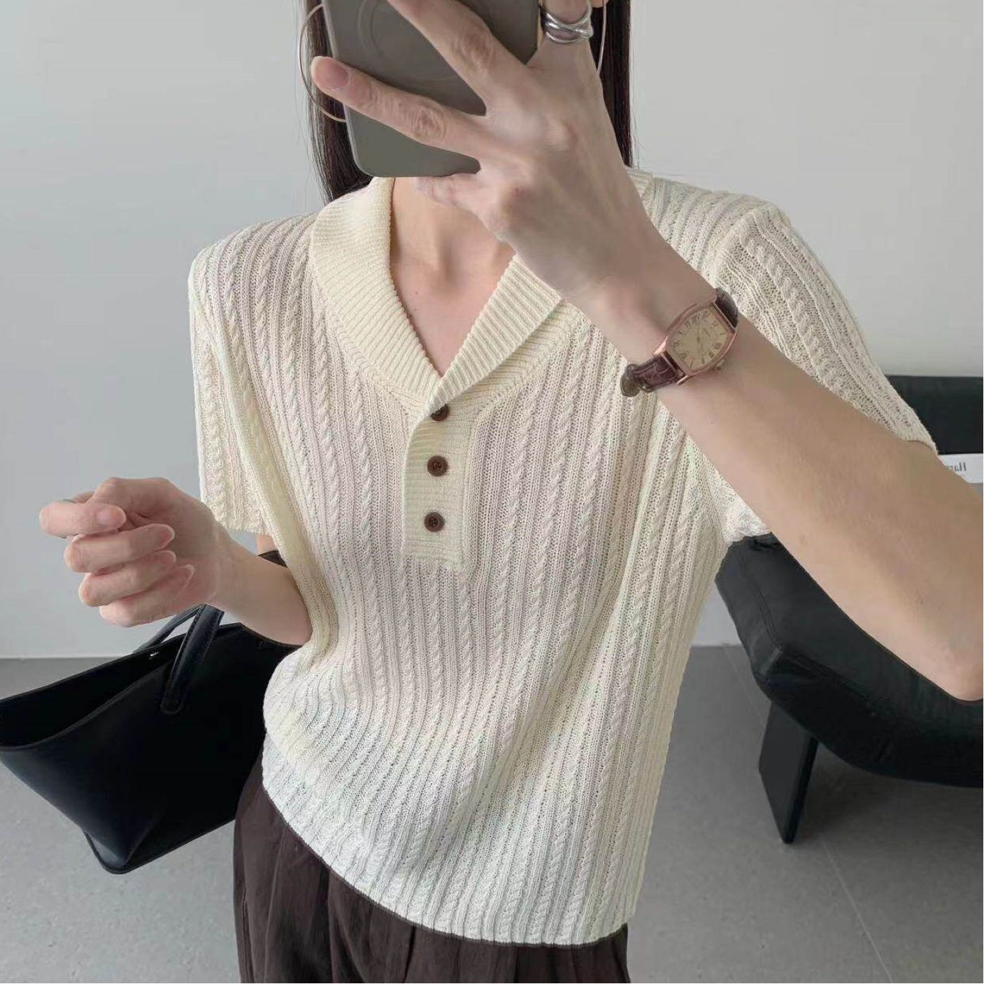 韩版麻花纹翻领短袖针织衫2026夏季设计感修身显瘦气质百搭上衣