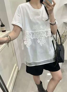 2026夏季新款女装白色蕾丝钩花网纱拼接假两件短袖T恤女宽松圆领