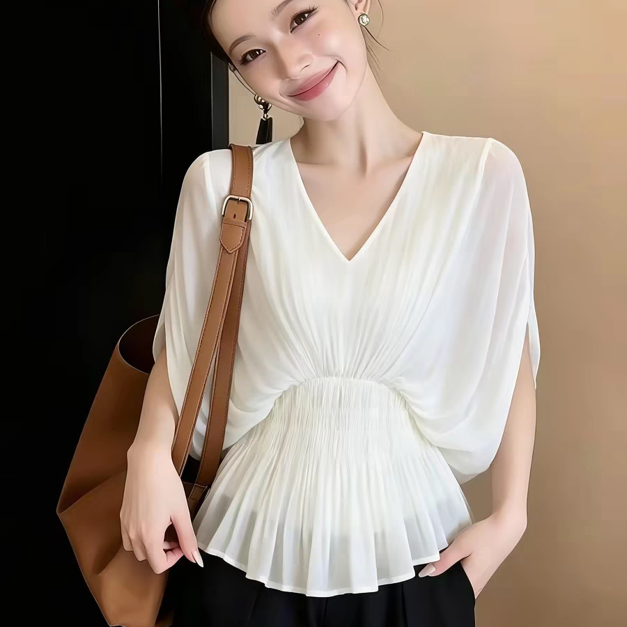 巨好看穿搭白色雪纺短袖衬衫女士2026新款夏季收腰百搭衬衣女上衣