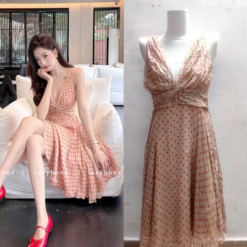 lazybons懒宅宅吊带连衣裙女名媛生日礼服纯欲性感收腰波点a字裙