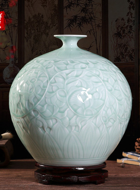青瓷浮雕天青釉石榴瓶景德镇陶瓷器家居客厅颜色釉花瓶工艺品摆件