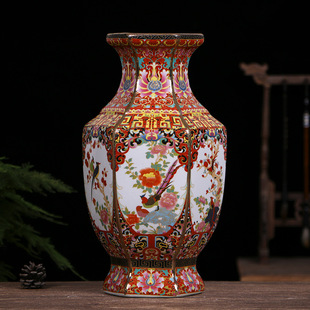 景德镇陶瓷花瓶仿古中式瓷器装饰品摆件工艺品琅彩锦鸡六方瓶