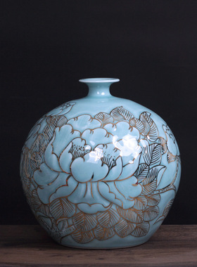 景德镇陶瓷手绘青釉描金花瓶新中式电视柜家居装饰品摆件工艺品