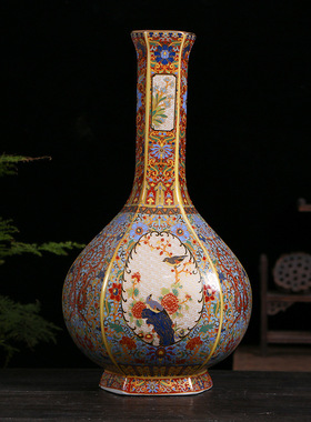 仿古中式珐琅彩开窗花鸟胆瓶瓷器 景德镇家居客厅装饰摆件工艺品