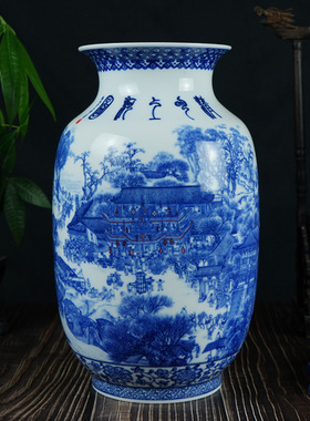 仿古青花清明上河图冬瓜花瓶景德镇中式陶瓷家居客厅装饰摆件
