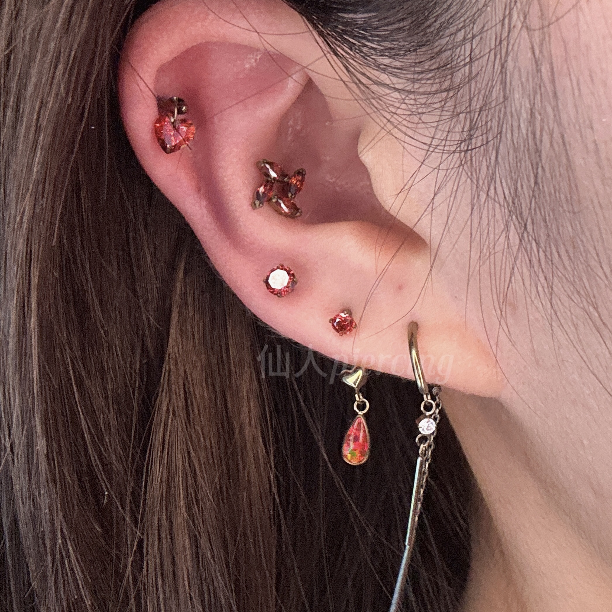 仙人穿刺 f136钛合金 红色复古系列耳钉 耳环 耳骨钉 16g内螺纹