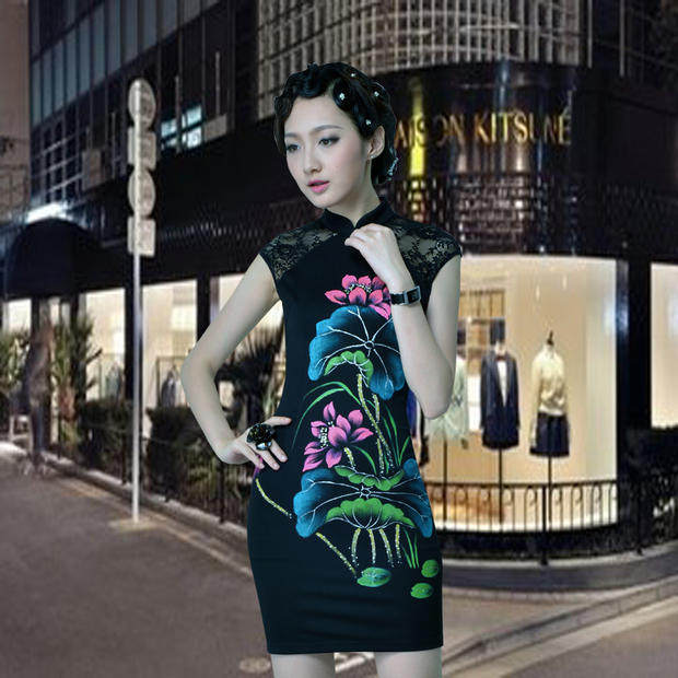 大码短袖黑色时尚晚礼服改良旗袍