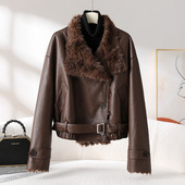 2025冬新款 小湖羊皮毛一体机车短款 羊羔毛大衣女海宁环保皮草外套