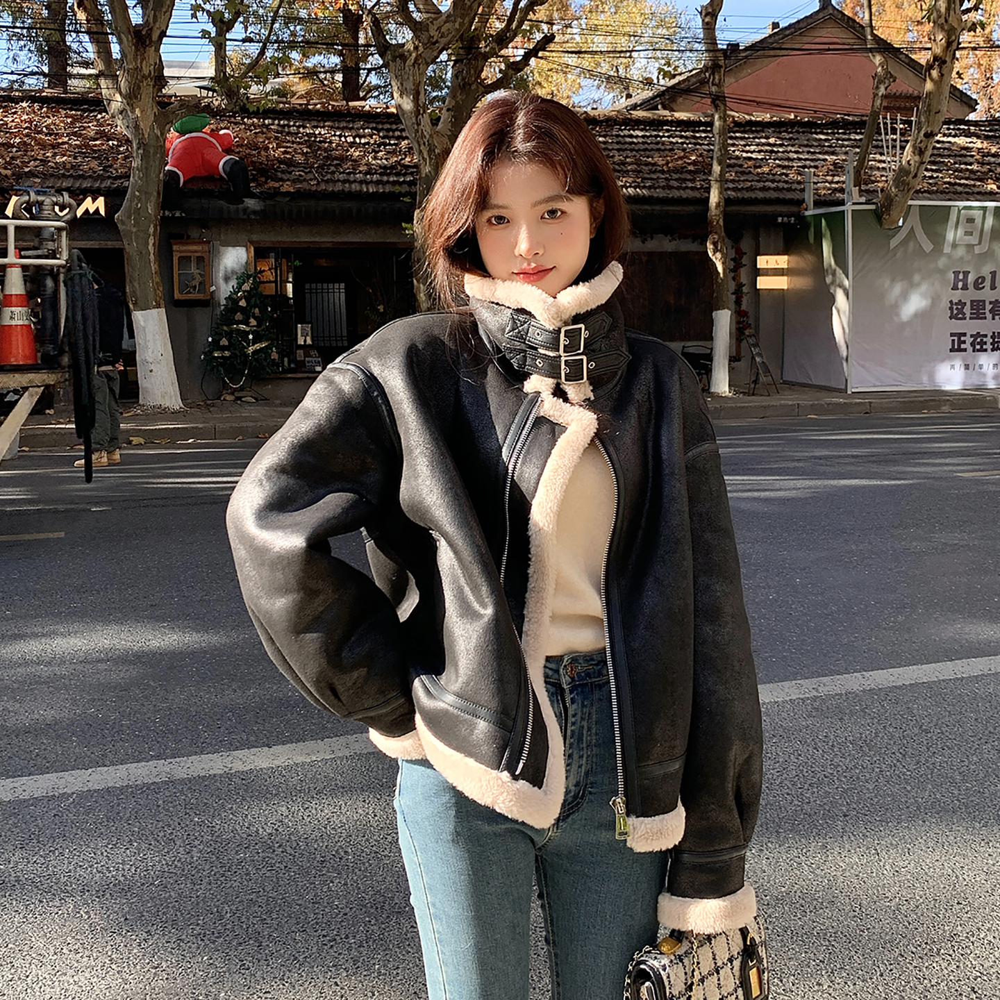复古机车羊羔毛全羊毛皮毛一体皮草外套羊剪绒大衣女夹克短款冬新