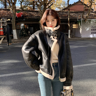 复古机车羊羔毛全羊毛皮毛一体皮草外套羊剪绒大衣女夹克短款 冬新