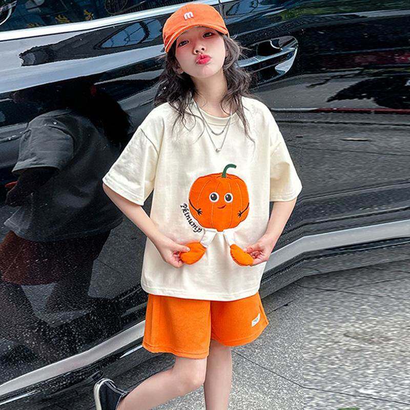 韩国女童短袖套装2024新款夏装儿童装洋气女孩卡通t恤夏季两件套
