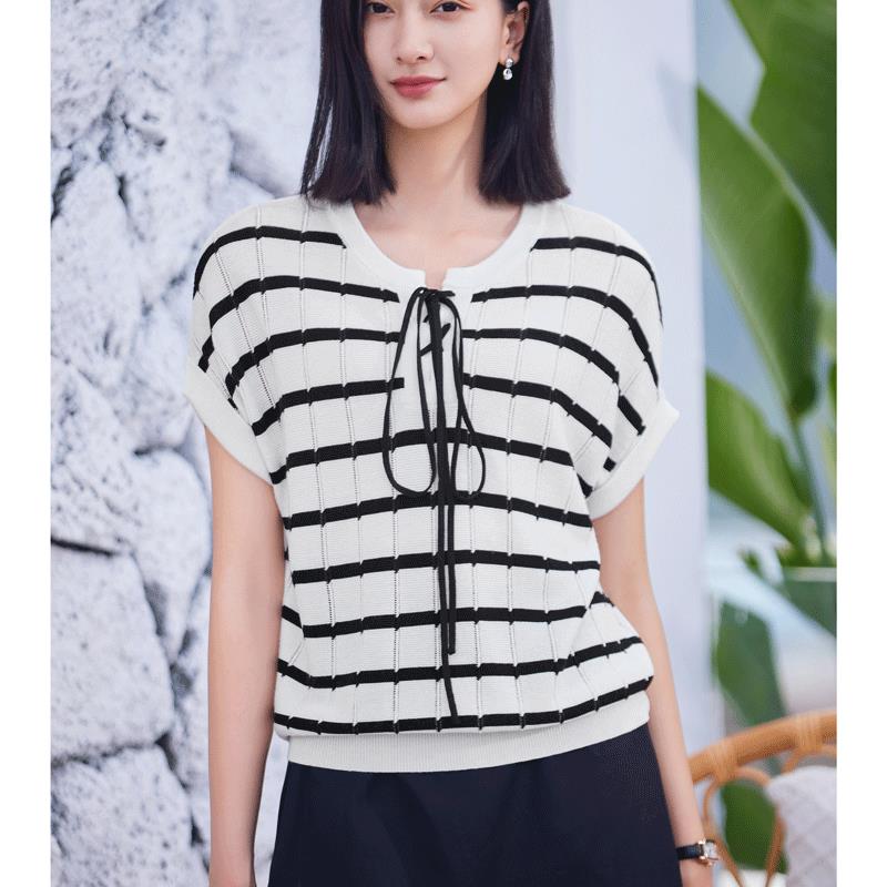 条纹短袖t恤女2025新款夏季薄款洋气宽松半袖系带体恤针织衫上衣