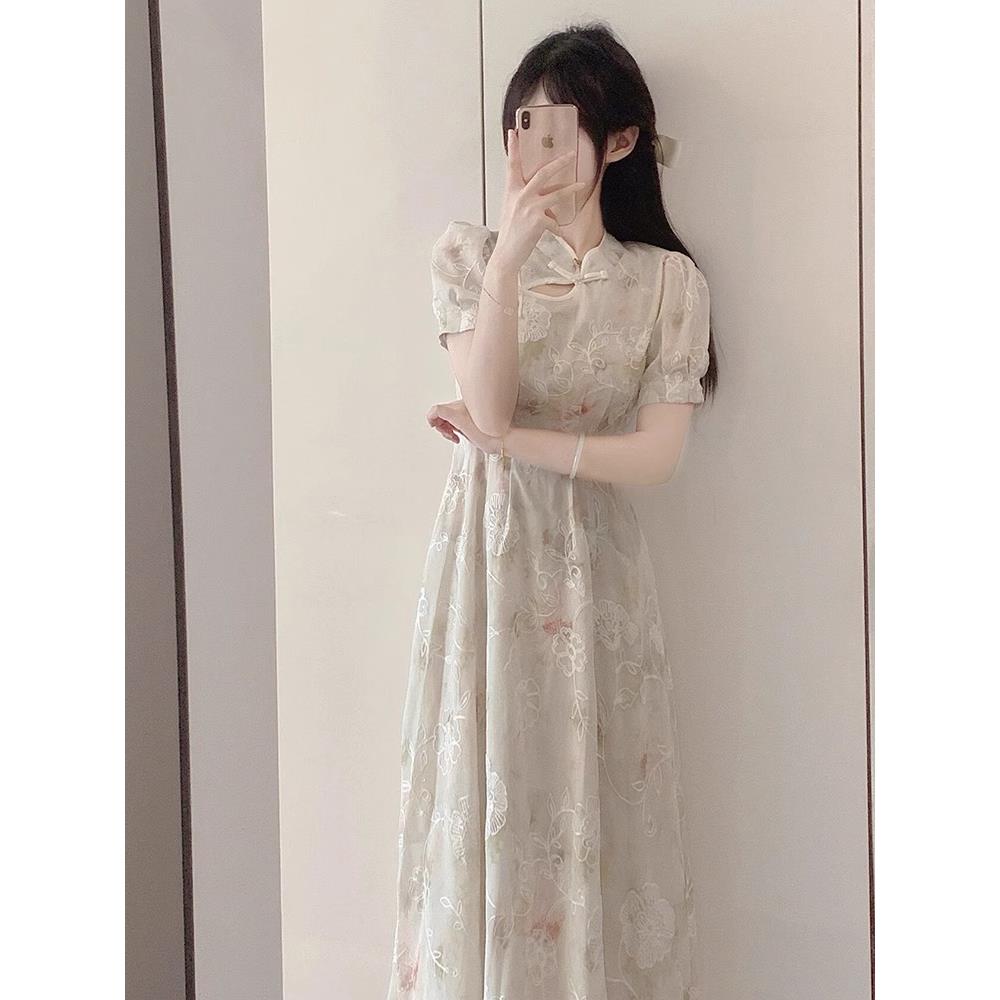 欧洲站2025新款茶歇新中式改良旗袍碎花连衣裙子别致漂亮长裙女夏