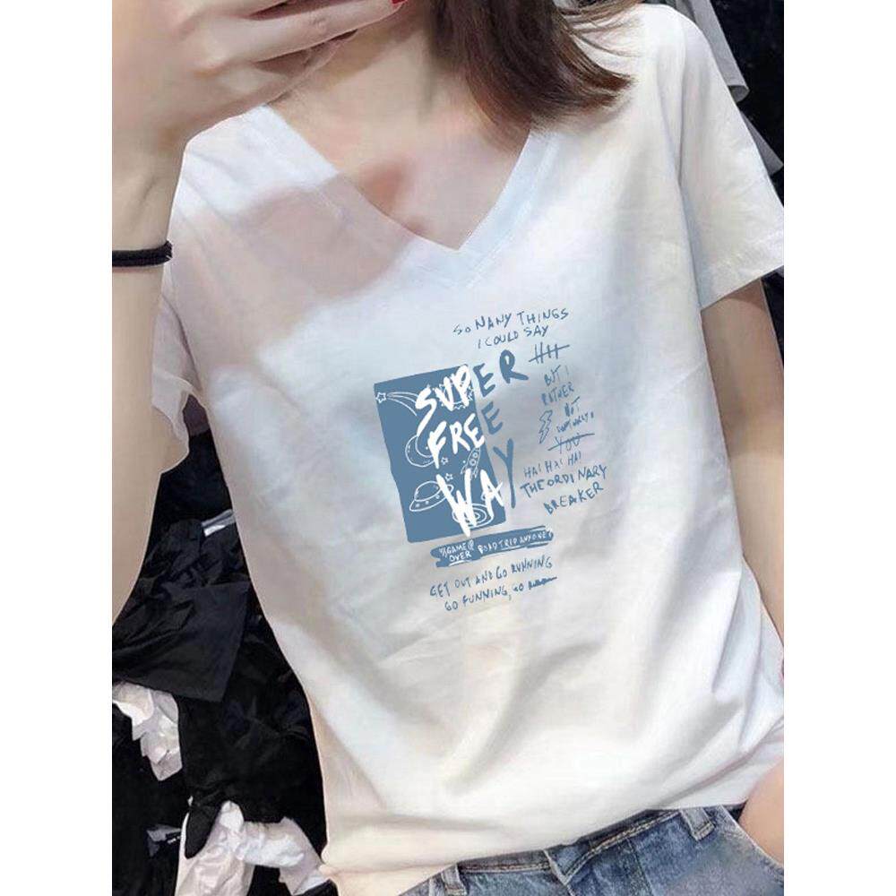 纯棉短袖T恤女夏季新款宽松显瘦大码V领印花洋气女士体恤衫上衣薄
