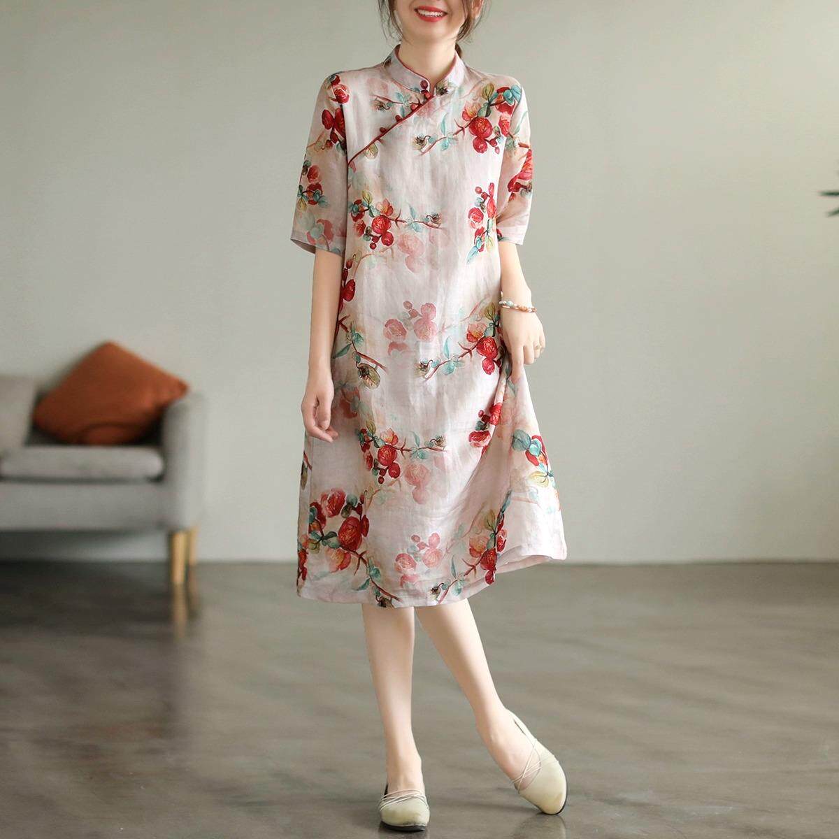 棉麻短袖连衣裙女夏新款立领盘扣印花高端亚麻复古中式改良旗袍裙